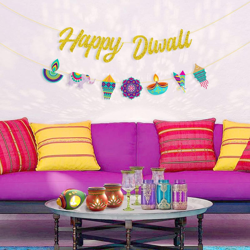 디왈리 파티 장식 해피 디왈리 골드 글리터 배너, 인도 - Lighting Decoration For Diwali 리뷰 및 가격