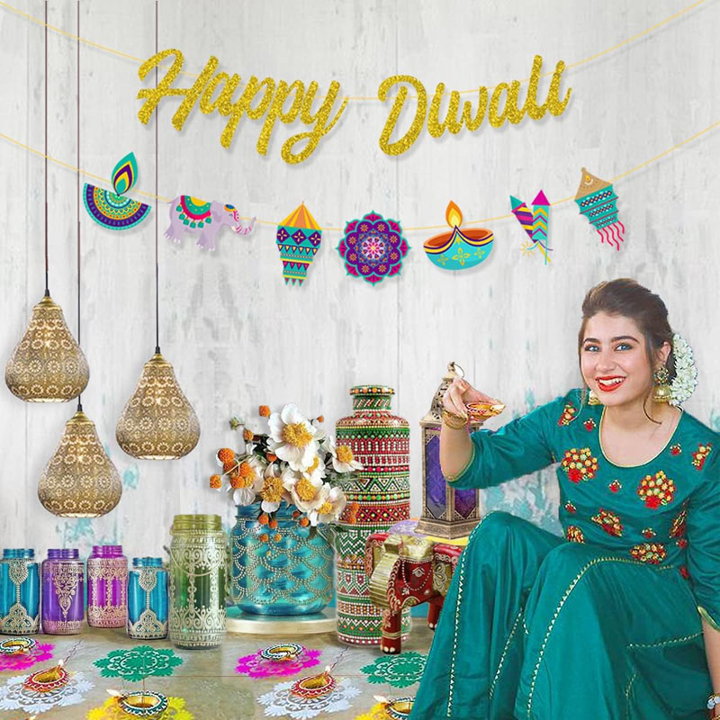 디왈리 파티 장식 해피 디왈리 골드 글리터 배너, 인도 - Lighting Decoration For Diwali 리뷰 및 가격