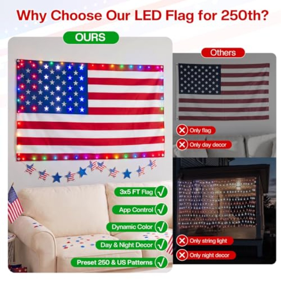 스마트 조명 미국 국기 3x5피트, 앱 제어 7월 4일 - Up Lighting Decor 리뷰 및 가격
